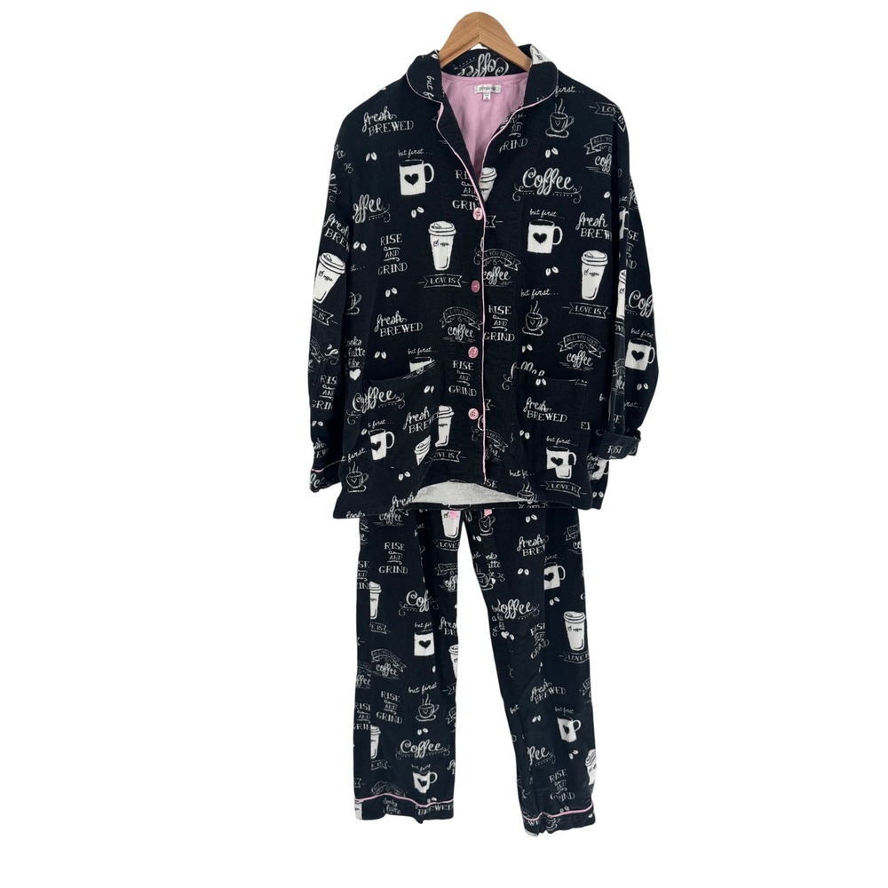 PJ Salvage Pajama Set Women‎ S Black Coffee Print Flannel Button Front Pants